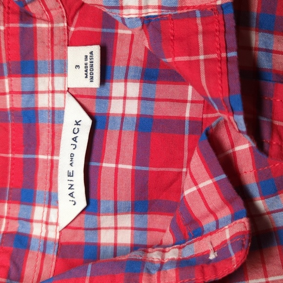Janie and Jack Red White Blue Button Down Roll-Tab Sleeve Shirt Cotton Size 3 - Picture 3 of 5
